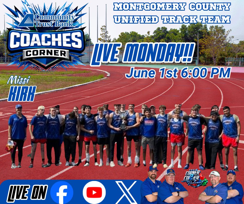 corner2cornerpc's tweet photo. RESCHEDULED SHOW!! Monday June at 6:00pm join us for Montgomery County Coach Missi Kirk and some of her players from Unified Track.  This is a great program and we want to celebrate them going to state!! https://t.co/ITtdEXSVHL