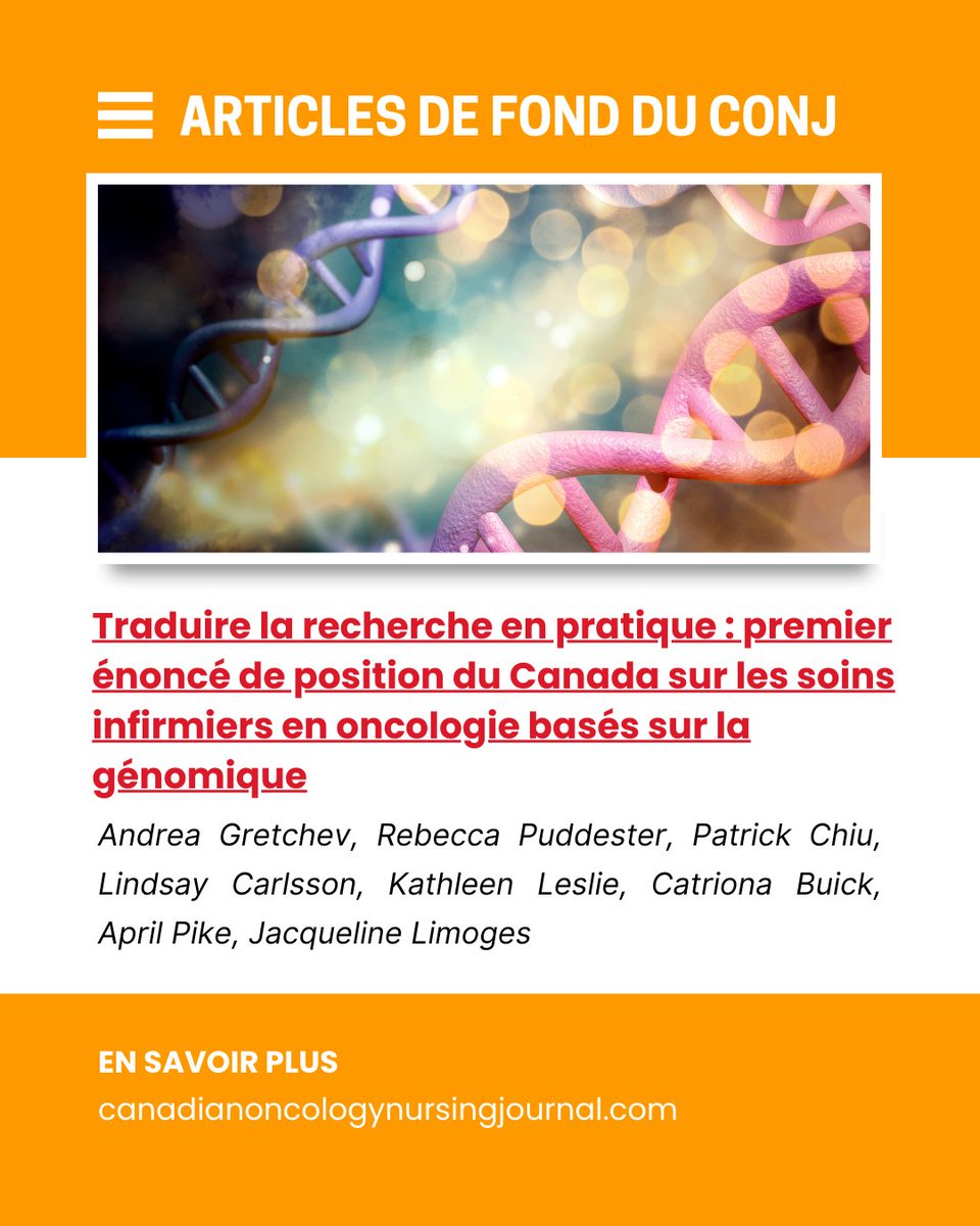 CANO_ACIO's tweet photo. Vedette du vendredi! Découvrez un nouvel article sur les connaissances, attitudes et pratiques des infirmières en oncologie en génomique. De belles occasions d’apprentissage et de leadership. Joignez‑vous au GIS en oncogénomique de l’ACIO/CANO! 🧡 #ACIOCANO https://t.co/n8V12G9HhT