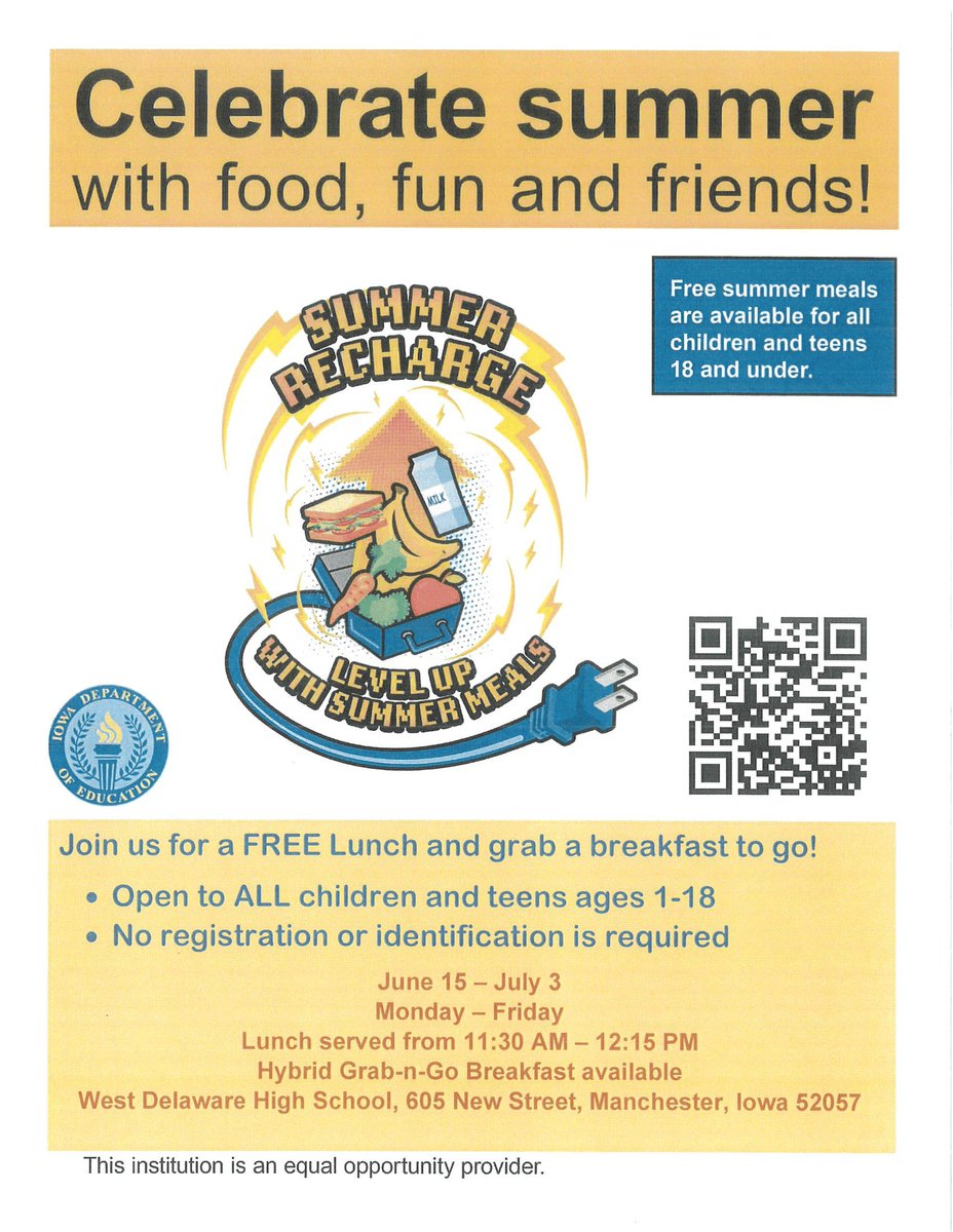wdccsd's tweet photo. Free summer meals are available for children &amp; teens ages 1-18 through the Summer Recharge program. 🍎

Join us Monday-Friday, June 15-July 3, from 11:30am to 12:15pm at West Delaware HS. No registration required!

Learn more: https://t.co/tYgqu0nWhw https://t.co/EdSScCQOfl