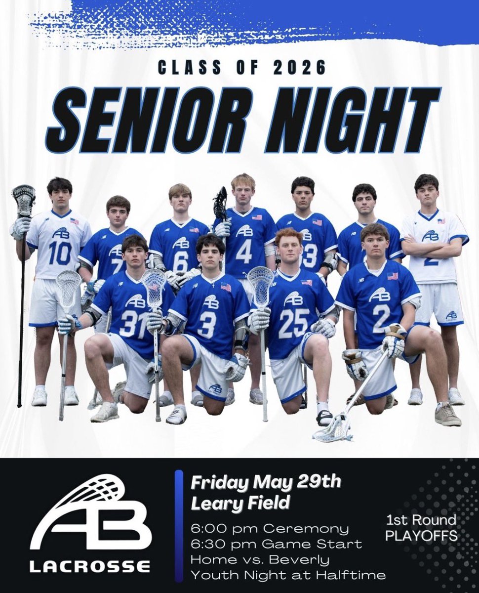 ablaxdcl's tweet photo. Playoff Game Day #1
#4 AB hosts #29 Beverly in a Round of 32 matchup.
Huge night on Leary - Senior Night and Youth Night at half. Come support!
AB
🆚 - Beverly
⏰ - 6:30
📍- Leary
#DTOM @bostonlaxnet @DannyVee2026 @BGlobeSports @BConn63 @kstone06 @ABRevsAthletics @nweitzer7 https://t.co/6BcbhF47Ru