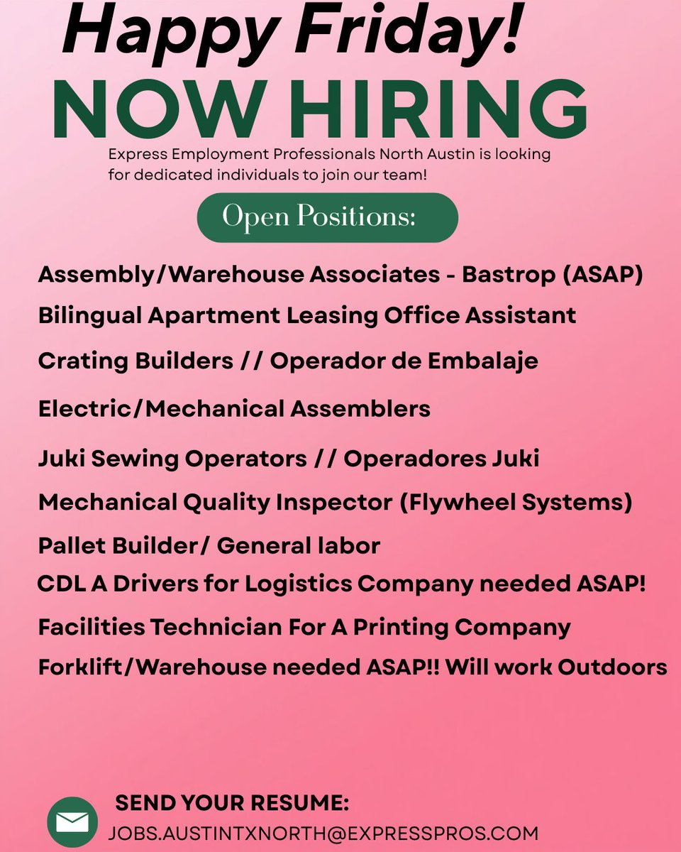 ExpressNorthATX's tweet photo. 🎉 HAPPY FRIDAY FROM EXPRESS EMPLOYMENT PROFESSIONALS – NORTH AUSTIN! 🎉

NOW HIRING 🚨 Apply Today &amp; Start Working ASAP!

🔹 Assembly / Warehouse Associates – Bastrop
🔹 Bilingual Apartment Leasing Office Assistant (Spanish Required)
🔹 Crating Builders / Operador de... https://t.co/fFVu7RVvmn