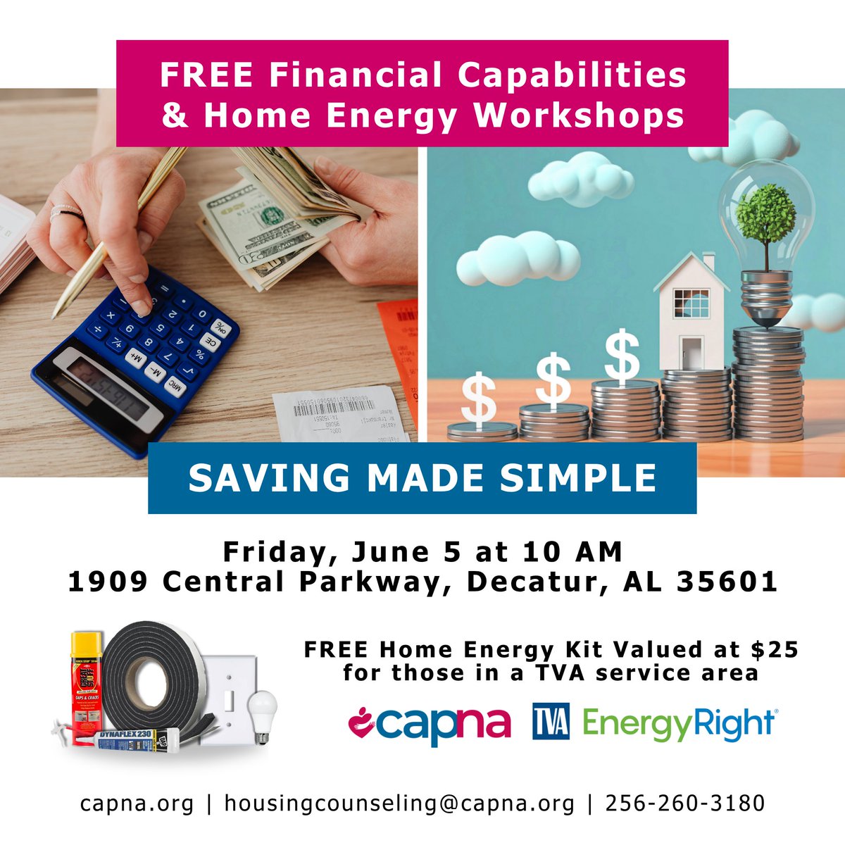 CAPofNAL's tweet photo. Join us for our FREE Financial Capabilities and Home Energy Workshop THIS FRIDAY!

🗓️ Friday, June 5 at 10 AM
📍1909 Central Parkway, Decatur, AL 35601

Can't attend in person? Sign up here for our zoom call: https://t.co/CNBQaxMCja

#CAPNA #HomeEnergy #FinancialCapibilities https://t.co/8RHjJP3mJF