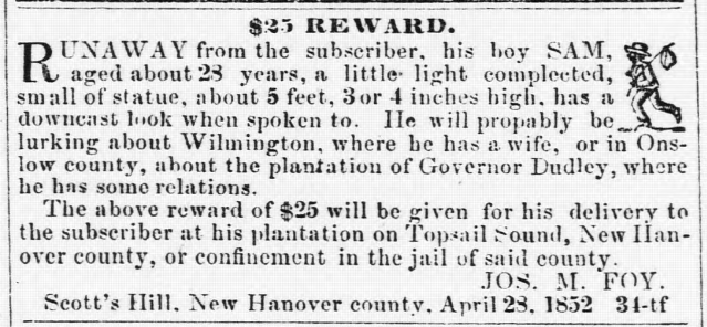 FromSlaves's tweet photo. In April 1852, I walked away from Foy's Poplar Grove Plantation on Topsail Sound, NC. Foy built his mansion with the hands of the people he kept in bondage. My wife was waiting in Wilmington, 15 miles north. I decided to build something for myself. My name was SAM. #slavery #NC https://t.co/4HogzgMn4G