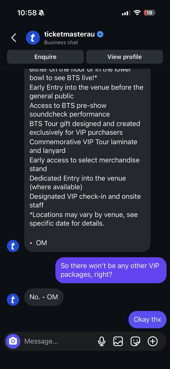 dimplesoob_'s tweet photo. I was just asking Ticketmaster if there might be multiple VIP packages, but it turns out there’s only going to be one for BTS concert in australia https://t.co/TfP5xYmsW5