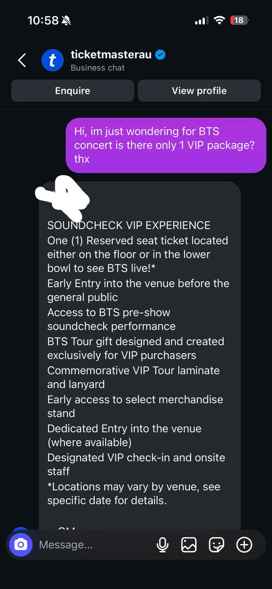dimplesoob_'s tweet photo. I was just asking Ticketmaster if there might be multiple VIP packages, but it turns out there’s only going to be one for BTS concert in australia https://t.co/TfP5xYmsW5