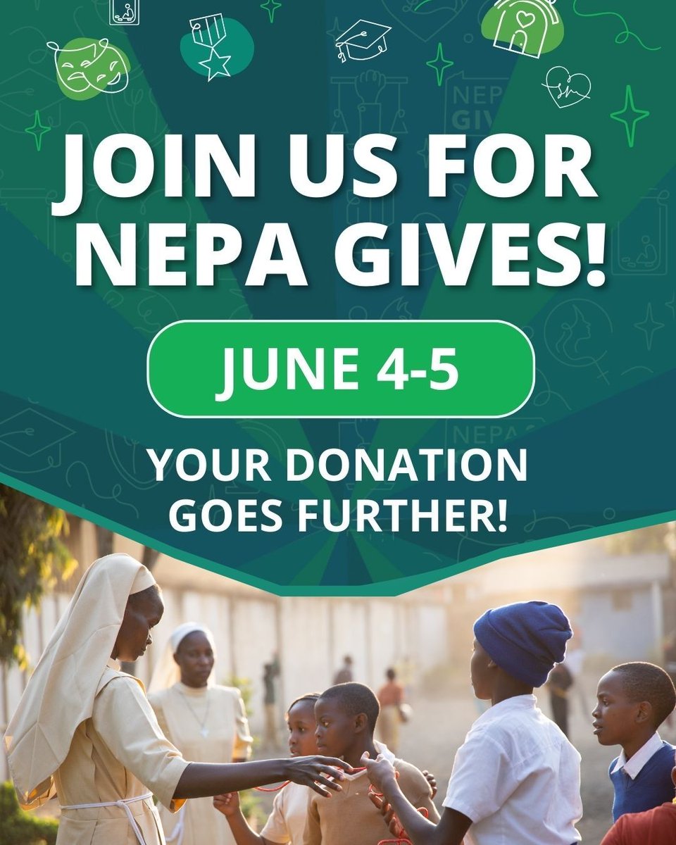 ASECSLDIHESA's tweet photo. Join ASEC in ONE WEEK for #NEPAGives! 💚

June 4–5, your support helps educate Catholic sisters in Africa as they serve their communities through healthcare, education, social work, and more.

Save the date and support ASEC during NEPA Gives!

#CatholicSisters #GlobalEducation https://t.co/3y6P34KPYY