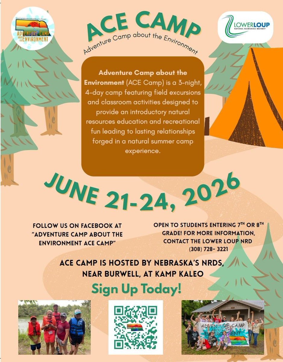 LPNNRD's tweet photo. LPNNRD is offering camp scholarships for ACE Camp! ACE Camp is held at Camp Kaleo near Burwell and open to school children entering 7th or 8th grade during the 2026-27 school year. Camp tuition includes meals, shirt, and lodging. Register by June 1, 2026. https://t.co/nVEWAjD5qj https://t.co/FJzBNytwJG