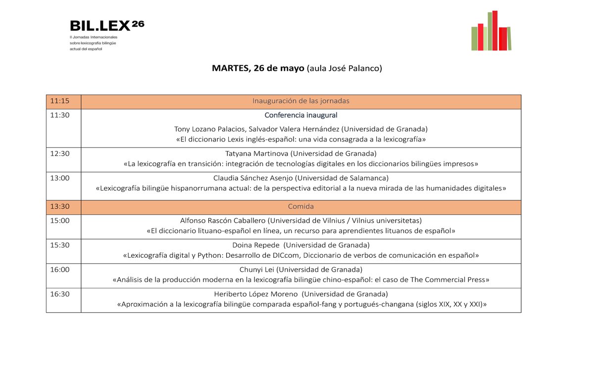 lpnunez's tweet photo. 18 profesores han pasado por las jornadas BIL.LEX26. Se han tratado diccionarios español-#quechua/inglés/ruso/#rumano/chino/#fang/polaco... ahondando en carencias de la lexicografía hispánica
Programa: https://t.co/CLbSoXrdTI
#BILLEX26 @AELex_twit @OED @CanalUGR @ASALEinforma https://t.co/dBWHrrFHMx