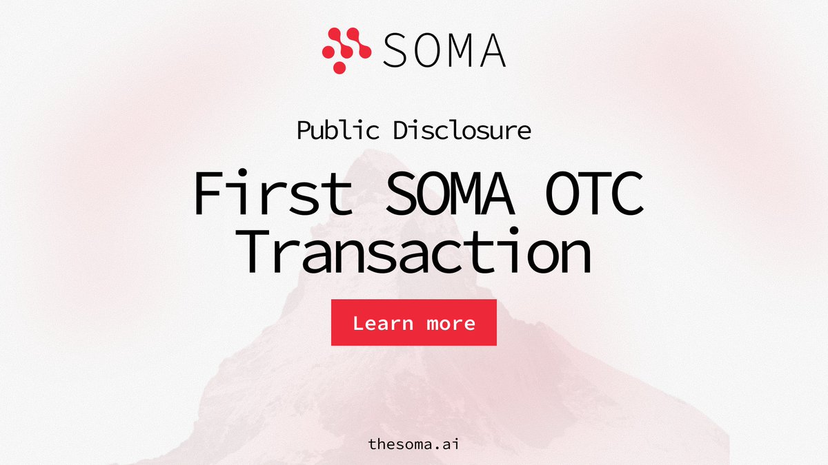 SomaSubnet's tweet photo. Public Disclosure: First SOMA OTC Transaction

We're excited to share that 25,025 SOMA subnet owner tokens have been acquired by @const_reborn through an OTC transaction.

This is our first OTC deal, and it's a strong signal of confidence in what we're building. The proceeds will directly accelerate development and bring our product closer to public release.

Thank you, Const. This vote of confidence means a lot to the entire team and motivates us to keep building the future of SOMA.