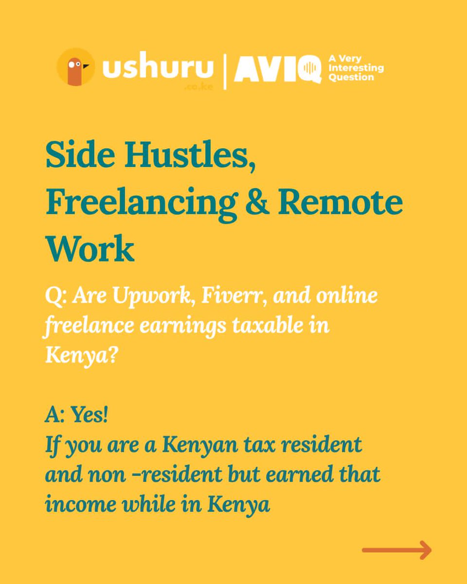 MwangoCapital's tweet photo. Tax season wisdom from Ushuru:

Your side hustle may be a side hustle to you. To KRA, it's income.

Upwork, Fiverr, freelancing, consulting, and remote work earnings are generally taxable if you're a Kenyan tax resident. More information here: https://t.co/UT0JNYyF27 https://t.co/nVg8vlflPZ