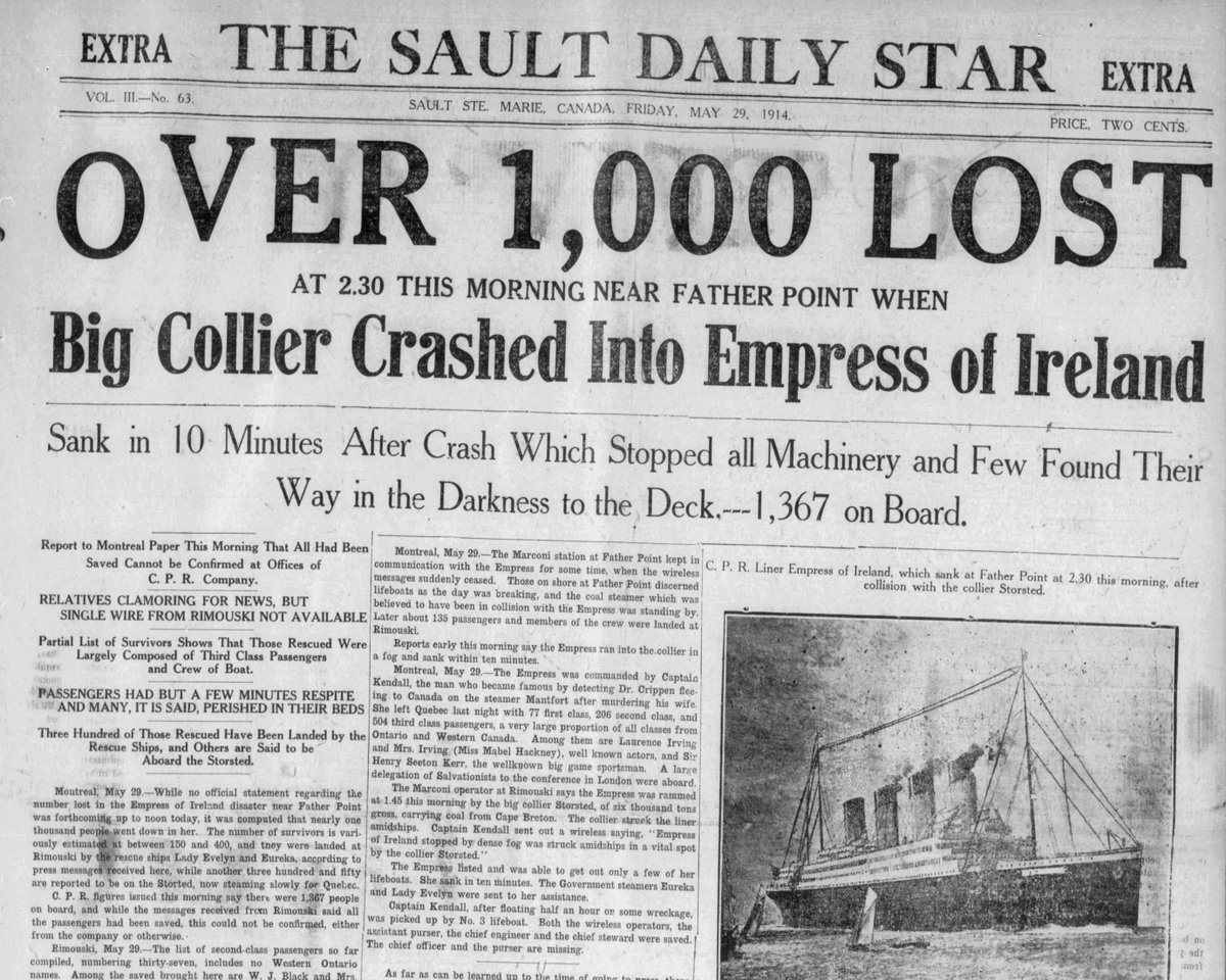 _newspapers's tweet photo. Just two years after the sinking of the Titanic, the British passenger liner Empress of Ireland sank in Canada's St. Lawrence River on May 29, 1914, resulting in the deaths of more than 1,000 people.

See the full @SaultStar front page on our site: https://t.co/tdXdwmldWA

Or learn more about the sinking on our blog: https://t.co/9urxuwCtoU