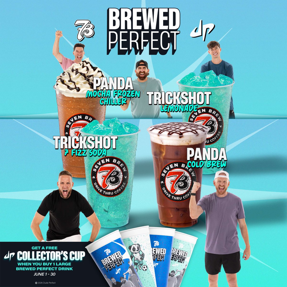 7BrewCoffee's tweet photo. 7 Brew 🤝 Dude Perfect 

The Brewed Perfect lineup drops 6/1 with four featured drinks made for the highlight reel 🐼 Plus, score 1 of 4 FREE collector’s cups when you buy any large Brewed Perfect drink 6/1 - 6/30 while supplies last https://t.co/ll6C5dwpKq