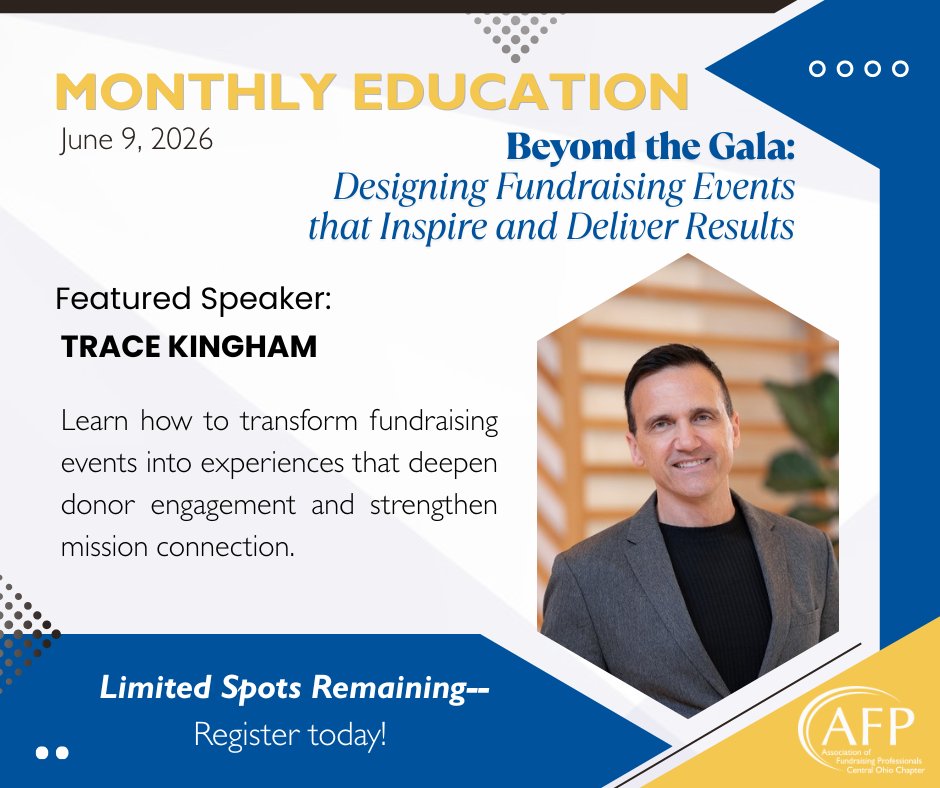CentralOhioAFP's tweet photo. June's education event: Beyond the Gala: Designing Fundraising Events that Inspire and Deliver Results 
📅 June 9, 2026
📍 Girl Scouts of Ohio's Heartland Council
🎙️ Trace Kingham
🎟️ Members $20 | Guests $35
Register👉https://t.co/Ch9WO3BEjF
 #NonprofitEducation #CentralOhioAFP https://t.co/AHQcPvkLtV