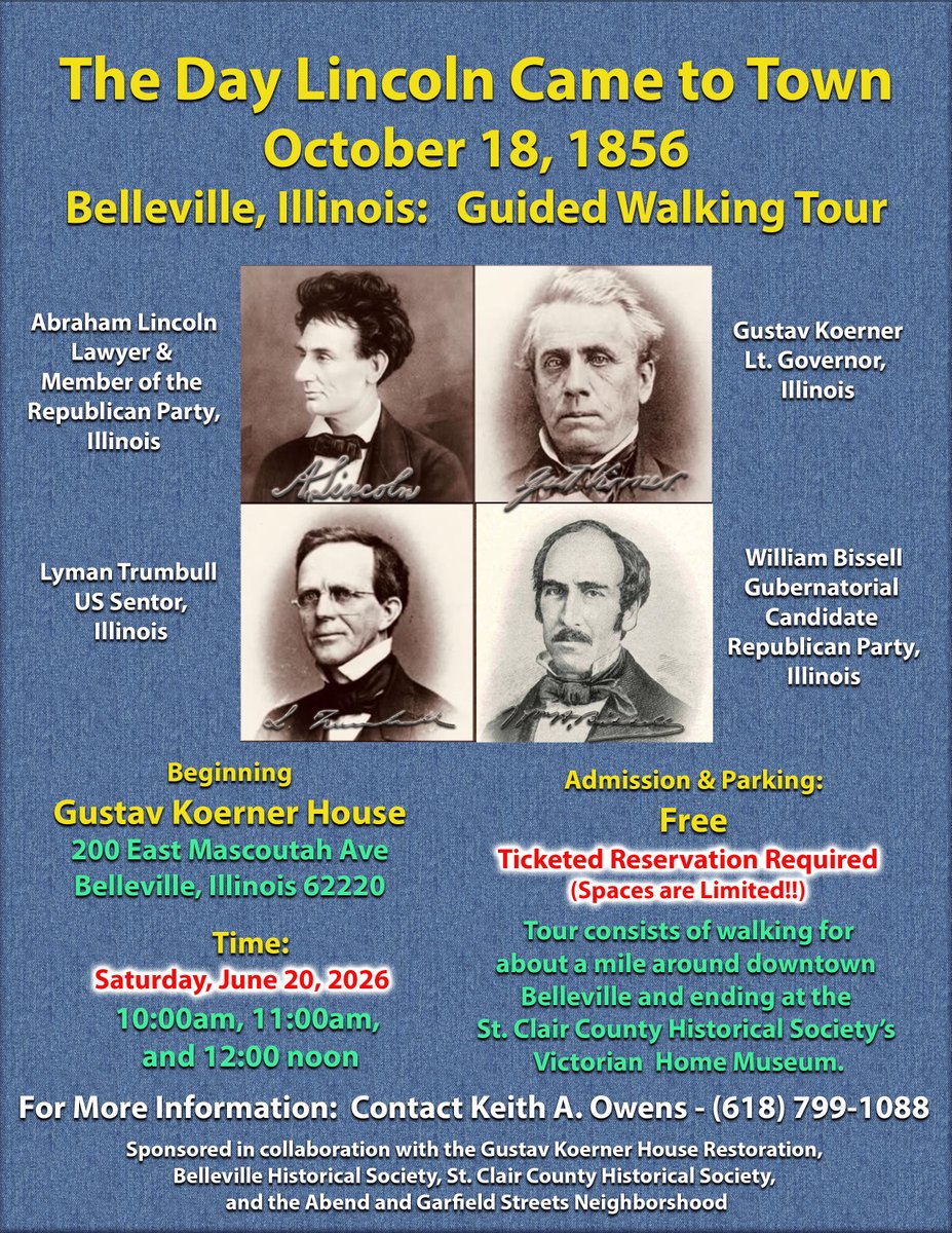 STCCHS's tweet photo. On June 20th, step back in time and experience the day Abraham Lincoln visited Belleville during one of the most pivotal election seasons in American history.

See the flier for more information.

Register here: https://t.co/StcKELqSvy https://t.co/cW7eRUeQjO