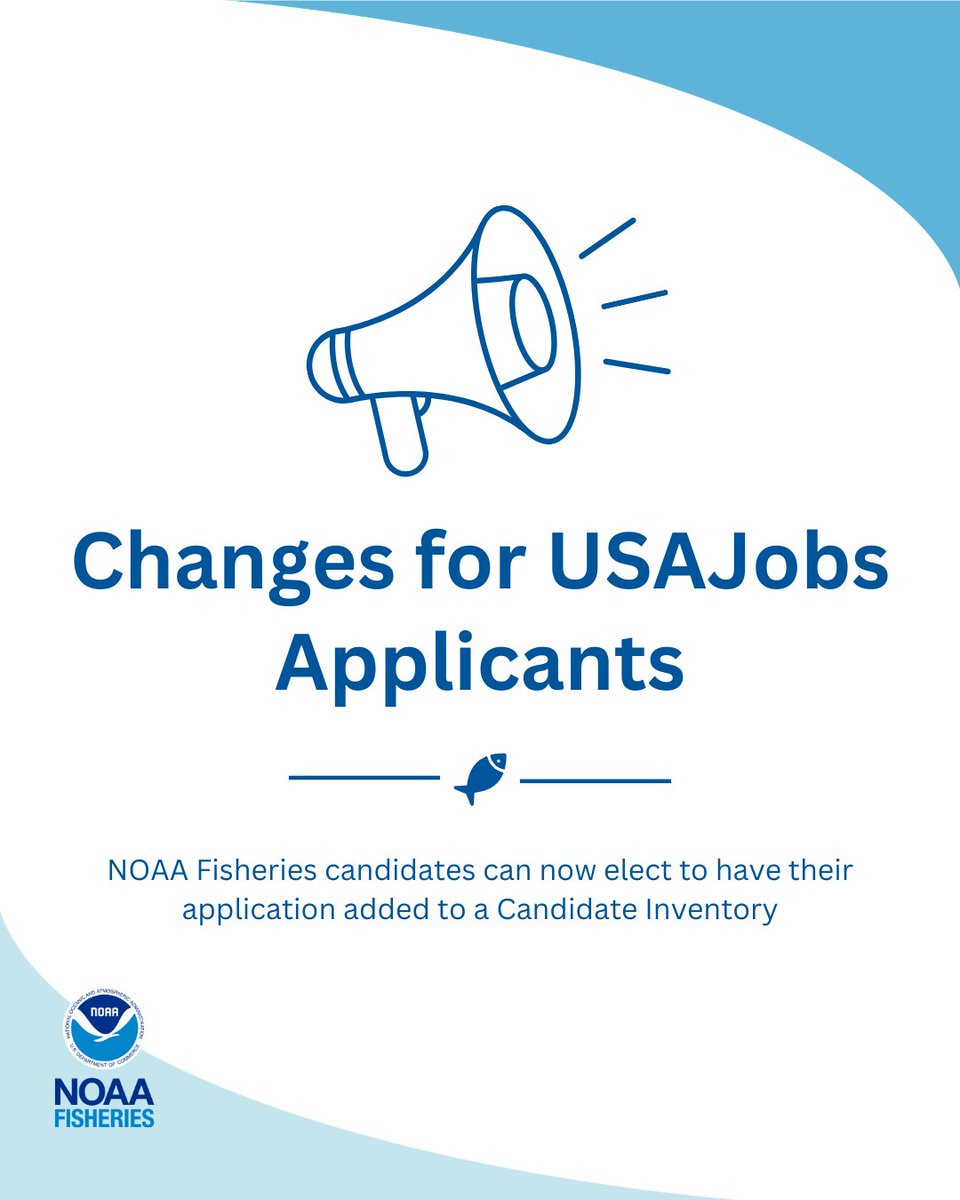 NOAAFisheries's tweet photo. Attention job seekers! We’re making a change to the USAJobs application process—and this one might actually make your job search easier.

When you apply to a USAJobs announcement, you can elect to have your application added to the Candidate Inventory. https://t.co/vQtI7LatVr