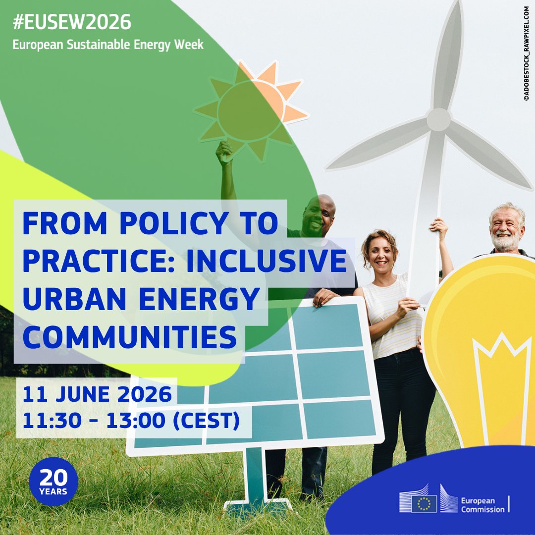 Energy4Europe's tweet photo. Energy communities can help tackle energy poverty🤝
 
The session 'From policy to practice: inclusive urban #EnergyCommunities' explores how they reduce energy poverty and help cities deliver a fair #EnergyTransition.
 
📆 11/06
 
Register ➡️ https://t.co/gDKq4uFITQ
 
#EUSEW2026 https://t.co/cTUfddacrU