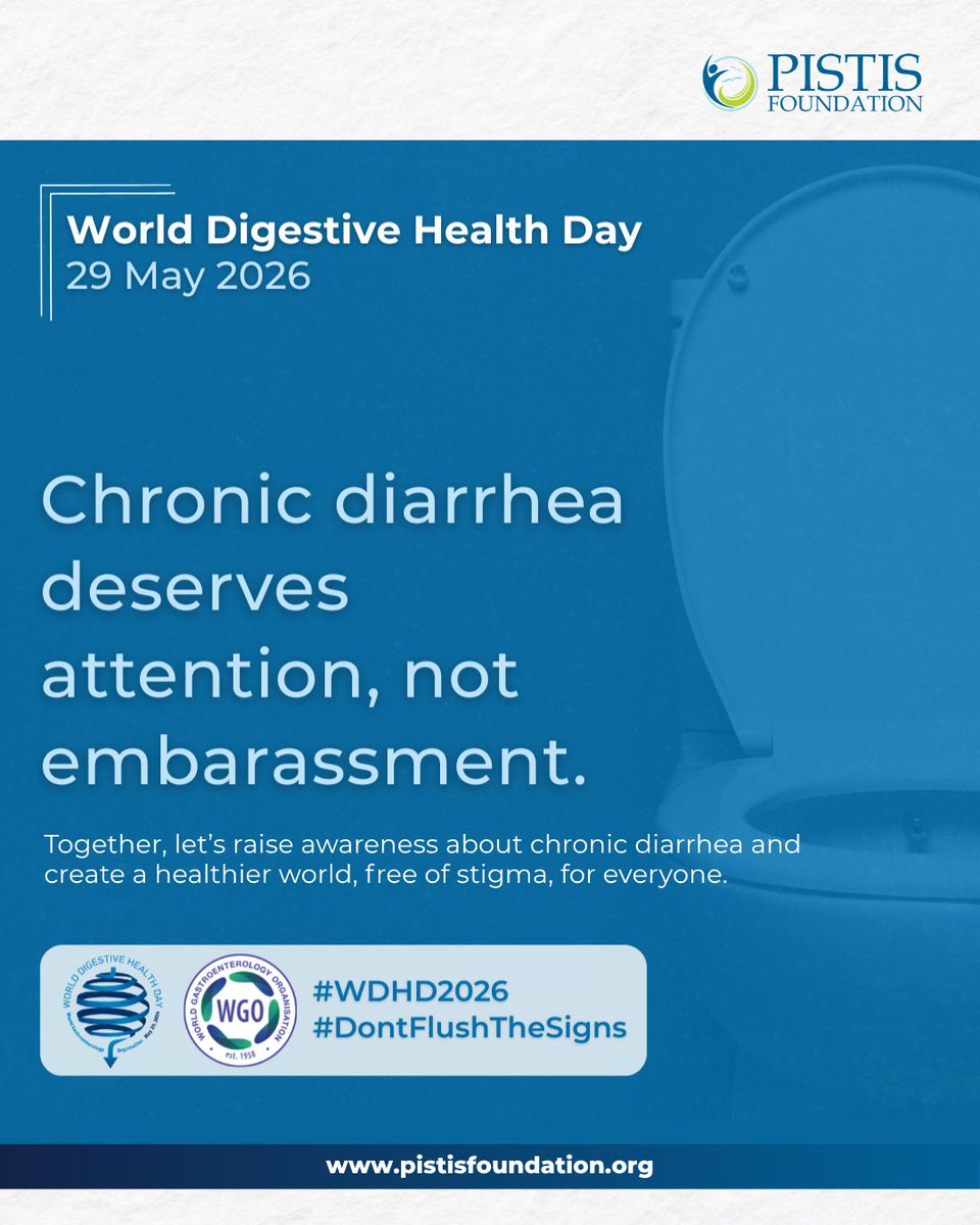 PISTISFDN's tweet photo. Chronic diarrhea can signal underlying conditions. 
Today is World Digestive Health Day 2026, with the theme 'Chronic Diarrhea: don’t flush the signs away'. Know what your colon is trying to tell you and seek medical advice early. 

#WDHD2026 #PistisFoundation https://t.co/FlVglVRhyc
