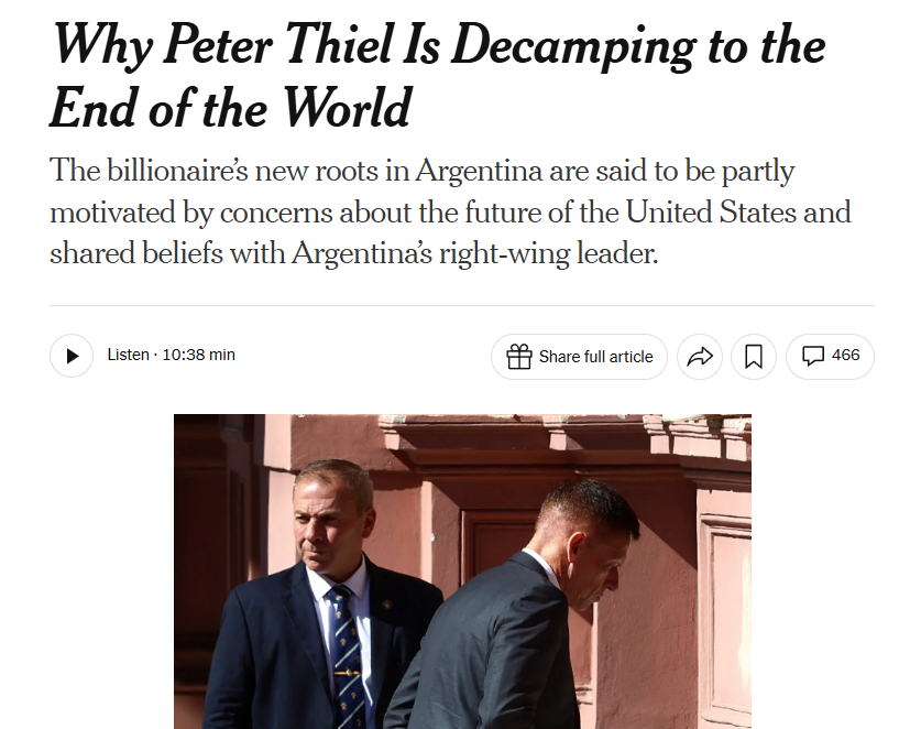 the_smart_ape's tweet photo. in case of nuclear war, every study shows the zone that will be spared is argentina. southern hemisphere, far from every target, freshwater, farmland, almost no population.

i read this years ago. now i see the world's richest moving there. not a coincidence to me.

> peter thiel (paypal, palantir) just bought a $12m mansion in buenos aires and moved his family
> joe lewis, british billionaire, fenced an entire patagonian lake, 12,000 hectares, armed guards
> ted turner, 100,000+ acres across patagonia and tierra del fuego
> the tompkins (founders of north face + patagonia inc) bought millions of acres
> milei now openly pitching argentina to apple, google, meta, openai