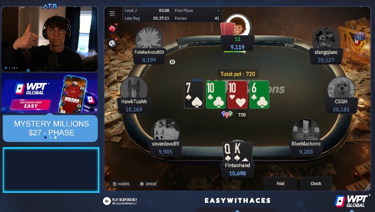 EasyWithAces's tweet photo. Live on Twitch!

Trying to make Day 2 of the $27 Mystery Millions - $225,000 GTD on @wpt_global https://t.co/mDZNnHKLZb