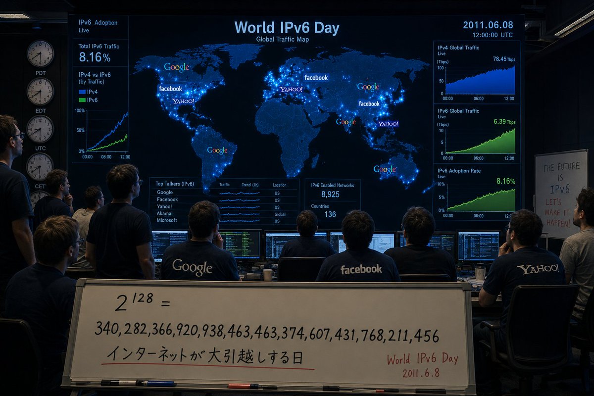 skwx's tweet photo. 6月8日は、初のIPv6の実験となる「World IPv6 Day」が実施された日です！（2011年）

🏠 IPアドレス＝ネット上の住所

スマホ、PC、IoT機器──
ネットにつながる機器は1つひとつ "IPアドレス" を持っており
「ネット上の住所」と言われています。

それまで使われていたIPアドレスは、最大約43億個（IPv4）。

世界人口が80億人を超え、
1人が複数のスマホ・PC・スマートウォッチを持ち、
冷蔵庫やエアコンまでネットにつながる時代。

これでは住所が足りなくなることから、この日、
インターネット史上最大の建築問題に立ち向かいます。

🌐 新しい住所 IPv6形式

新しい IPv6 でのアドレス数は、
3.4 × 10³⁸ 個（2の128乗）。

これは「地球上の砂粒ひとつひとつ」に、
さらに「銀河系の星すべて」にも住所を割り振っても
まだ余るレベルの広さ。

しかし、ネットの根幹を変える工事は怖い。
"切り替えたら世界中のサイトが落ちるのでは？"
誰も先に踏み出せませんでした。

そこで2011年6月8日──
世界の大手サイト（Google、Facebook、Yahoo!、Akamai など）が
"とりあえずみんなで24時間だけ試してみよう" と
一斉に IPv6 を有効にしてみた。

結果：何も壊れなかった✨️

このテストイベントが成功したことで、
翌2012年の "World IPv6 Launch"（恒久化）へ進みました！
#今日は何の日ITすきま教室