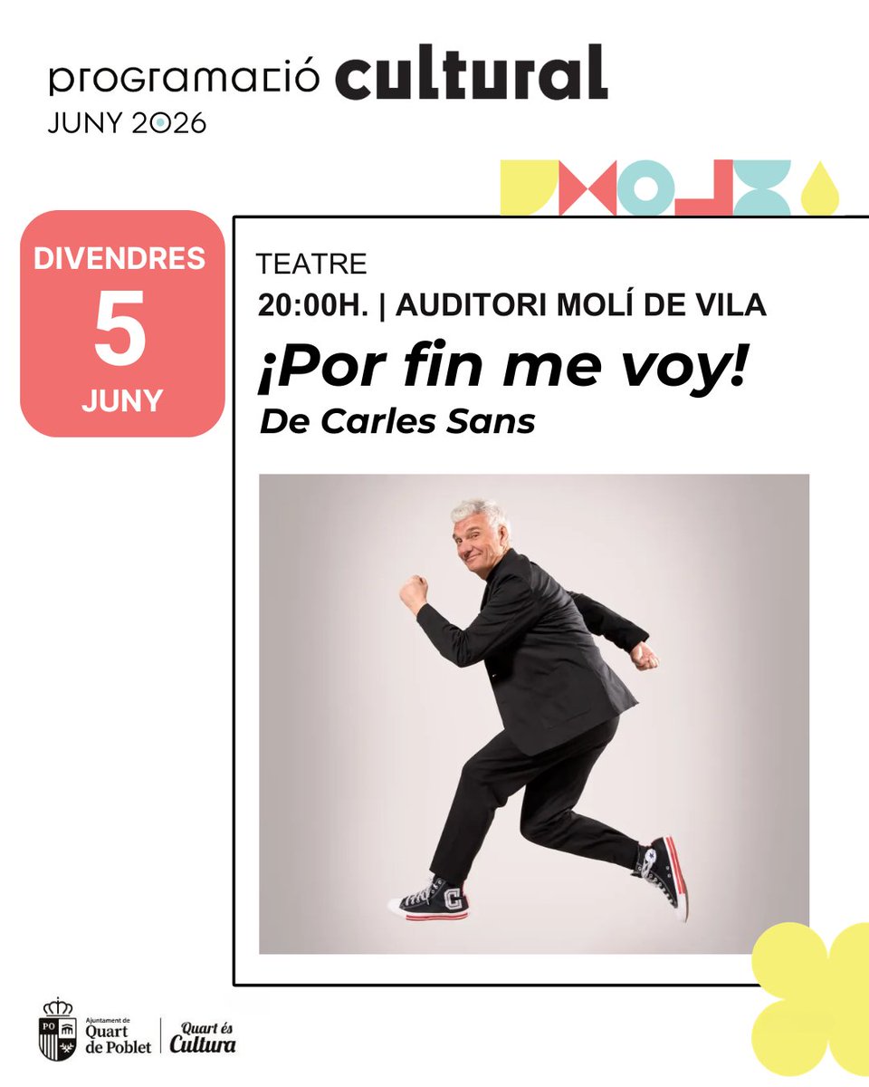 CulturaQdP's tweet photo. Carles Sans arriba a Quart de Poblet amb “¡Por fin me voy!”, un espectacle ple d'humor, anècdotes i situacions quotidianes comptades amb l'estil inconfusible del mític membre de Tricicle. 🎭

🎟️ https://t.co/mMdW9FhycR

#QuartÉsCultura
@CarlesSans2 https://t.co/jEsbveuhV3