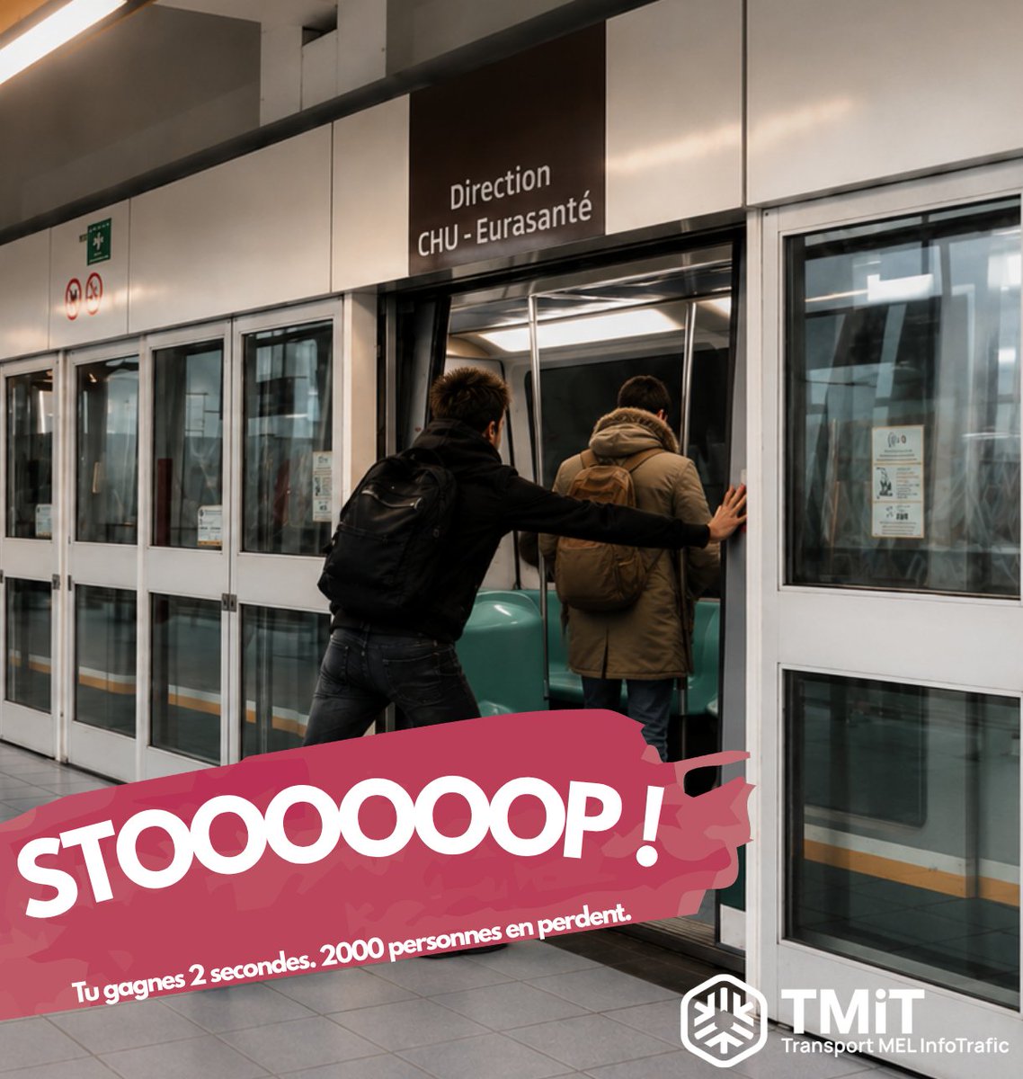 TransportMel's tweet photo. STOOOOOOP !

Tu gagnes 2 secondes. 2000 personnes en perdent.

 🕺 Le signal sonore ne te donne pas le top pour savoir danser ou bloquer les portes, mais bien pour te dire que la rame va partir et qu'il faut attendre la prochaine. https://t.co/OnGqot1rxL