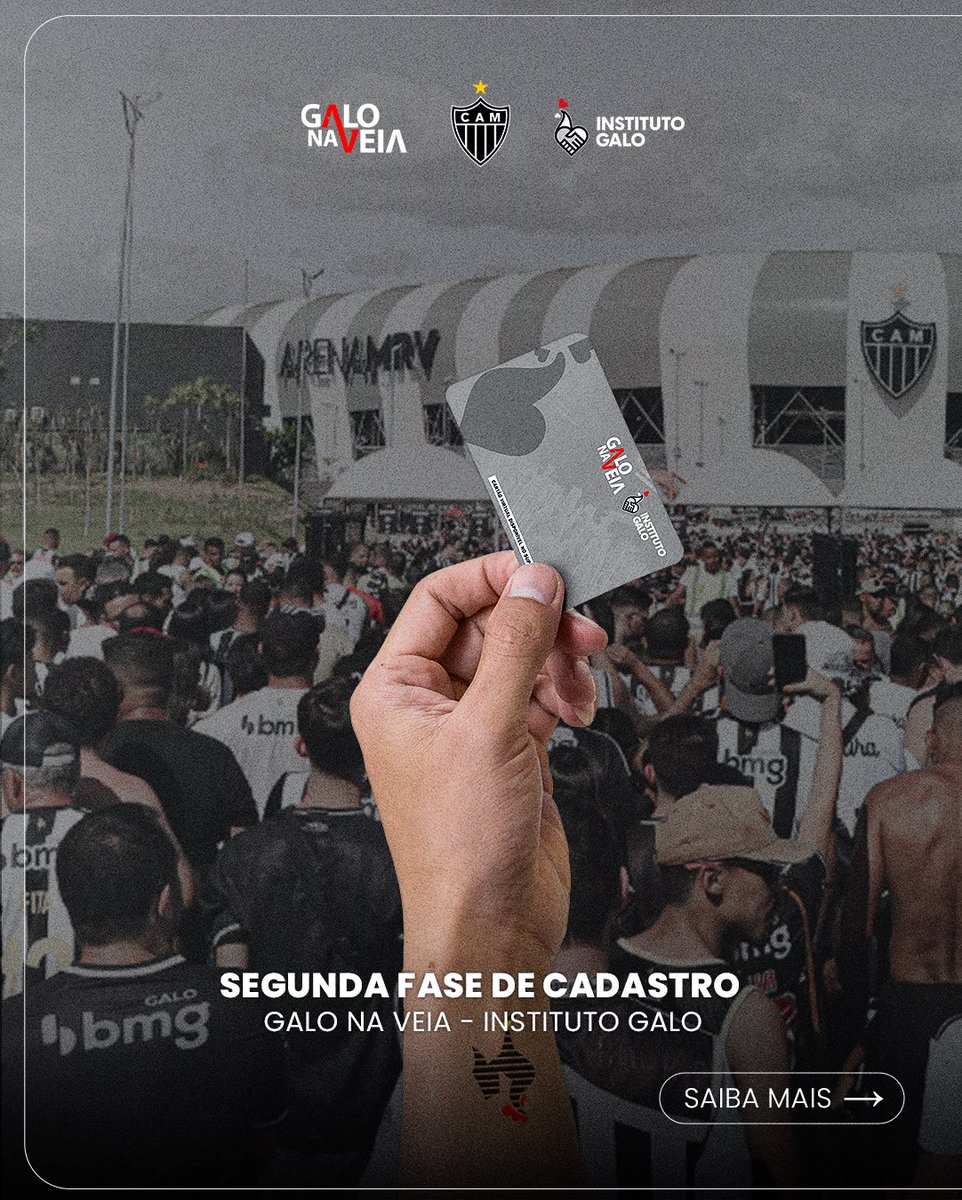 InstitutoGalo's tweet photo. 𝐀𝐭𝐞𝐧𝐜̧𝐚̃𝐨, 𝐌𝐚𝐬𝐬𝐚! 🚨

A segunda fase de cadastramento do 𝐆𝐍𝐕 𝐈𝐧𝐬𝐭𝐢𝐭𝐮𝐭𝐨 𝐆𝐚𝐥𝐨 já começou na @arenamrv! 🐔

A iniciativa, realizada pelo @atletico, Instituto Galo e o @galonaveia, segue aproximando a torcida do Clube, promovendo inclusão, acesso e pertencimento.

Confira como funciona o processo de cadastramento:

1️⃣ Atendimento de segunda à sexta-feira, das 10h às 17h, exceto em dias de jogos.

2️⃣ O torcedor será recepcionado na sede do Instituto Galo para validação de renda e documentação.

3️⃣ Após a validação, será encaminhado para a equipe do GNV.

4️⃣ O GNV fará a análise do histórico dos últimos 3 anos e, estando tudo regularizado, será realizada a cobrança da taxa de R$13,00 para efetivação do plano.

Além disso, os novos associados também serão informados sobre a possibilidade de realizar o @tourarenamrv pelo valor promocional de R$13,00.

Mais do que acesso ao estádio, o GNV Instituto Galo representa inclusão, dignidade e a volta da Massa para perto do Clube.

O Galo é de todos! 

Instituto Galo — o maior projeto social do futebol da América Latina.🖤🤍