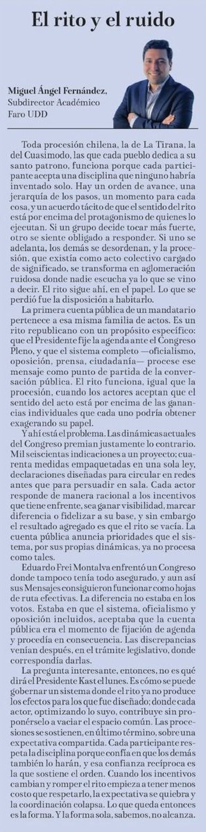 Faro_UDD's tweet photo. [OPINIÓN]🇨🇱📰
#Columna | #CuentaPública 
“El rito y el ruido” 
Hoy | Miguel Ángel Fernández, Subdirector Académico de #FaroUDD, en el diario @latribunacl, #LosÁngeles, #Biobío 

“La pregunta interesante, entonces, no es qué dirá el Presidente Kast el lunes. Es cómo se puede gobernar un sistema donde el rito ya no produce los efectos para los que fue diseñado; donde cada actor, optimizando lo suyo, contribuye sin proponérselo a vaciar el espacio común”. 

Disponible aquí: ⬇️