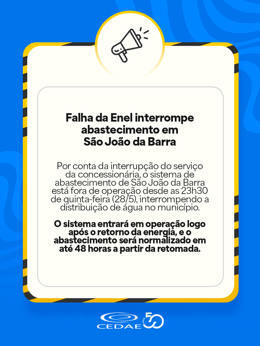 CedaeRJ's tweet photo. ⚡️ Devido a uma falha no fornecimento de energia elétrica pela concessionária Enel, o sistema de abastecimento de São João da Barra está fora de operação desde as 23h30 de quinta-feira (28/5), interrompendo a distribuição de água no município. https://t.co/MQbxlwwfah