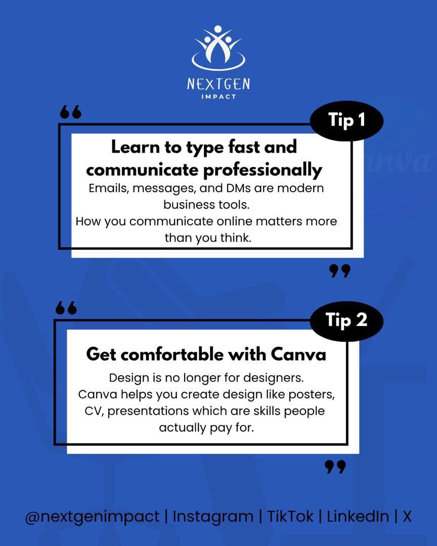 nextgenimpactng's tweet photo. Digital skills are becoming survival skills, from communication to Canva to social media strategy, these are skills teenagers can start learning NOW.
This is the beginning of NGI’s Youth Empowerment & Career Exposure (YECE) Series
Which skill would you start with first?
#NGI https://t.co/hG0Xd4XmRW