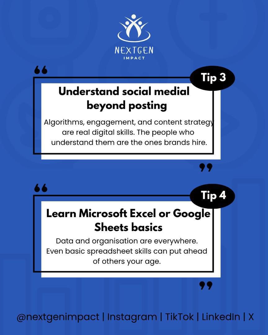 nextgenimpactng's tweet photo. Digital skills are becoming survival skills, from communication to Canva to social media strategy, these are skills teenagers can start learning NOW.
This is the beginning of NGI’s Youth Empowerment & Career Exposure (YECE) Series
Which skill would you start with first?
#NGI https://t.co/hG0Xd4XmRW