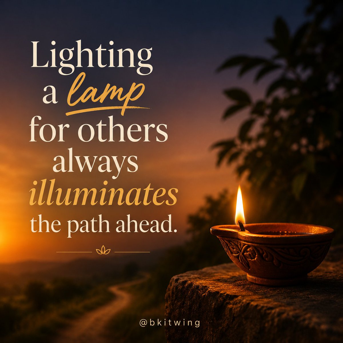 bkitwing's tweet photo. Lighting a lamp for others always illuminates the path ahead. Every act of kindness spreads clarity, hope, and inner strength. Service, compassion, and pure intentions create lasting light in every direction. #bkitwing #brahmakumaris #SpiritualWisdom #InnerLight https://t.co/5iHPGbqaJg