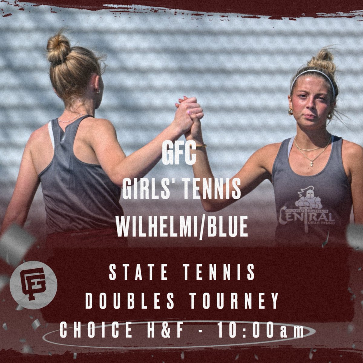 GFC_Activities's tweet photo. Good Luck to the Double Team of Alli Wilhelmi and Stelle Blue on Day 1 of the State Double Tournament in Grand Forks! Matches start at 10:00am at Choice H&amp;F!
#OnwardCentral https://t.co/mqiprnFfvl