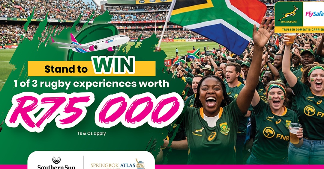 FlySafair's tweet photo. Win the ultimate Springbok getaway worth R75 000! 

3 lucky Bok super fans could win flights, match tickets, a hotel stay, shuttle service and R2 000 spending money.

Enter now using the link provided below. 

T's&amp;C's apply