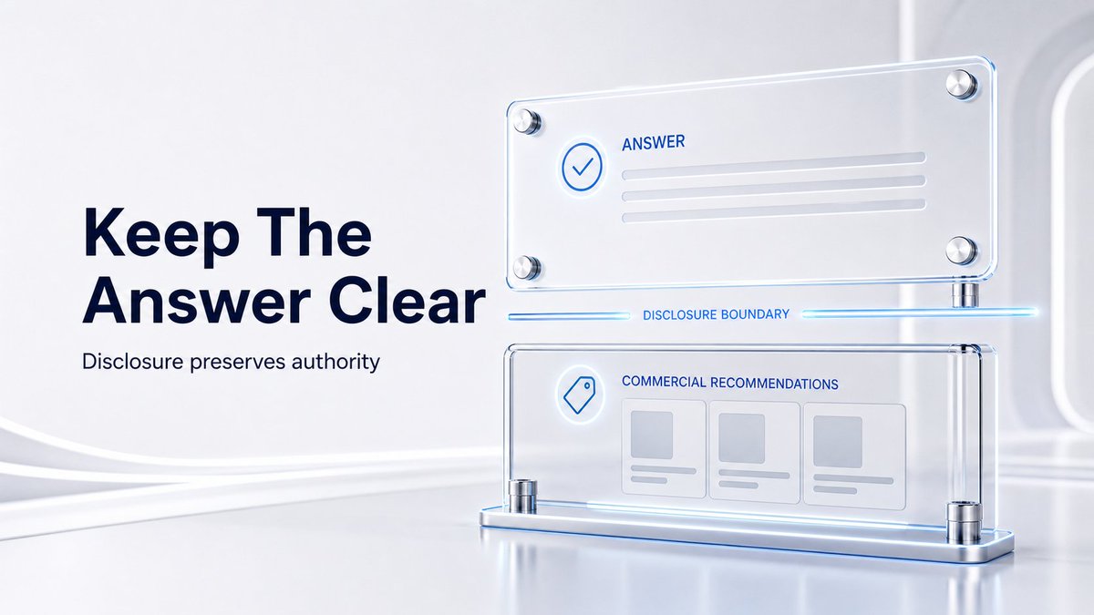 aip_hub's tweet photo. AIP's strongest product principle may be this:

The answer and the monetization layer cannot become indistinguishable.

If users cannot tell whether they are receiving advice or being steered, the assistant loses authority. 

Clear labeling is not a cosmetic detail. It is one of the conditions that lets commercial recommendations exist without poisoning the interface.