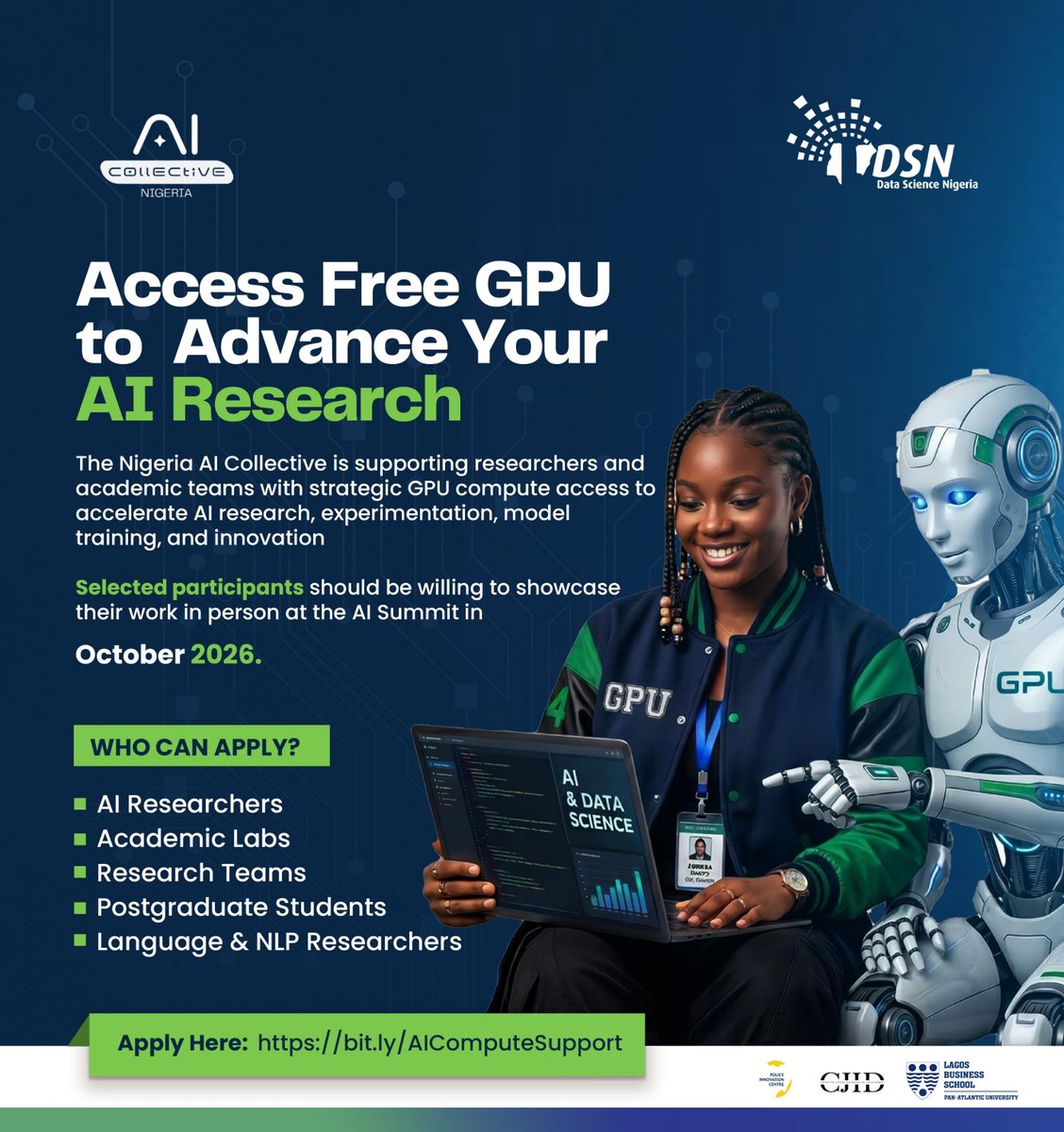 dsn_ai_network's tweet photo. Your next AI Solution shouldn't be held back by compute limits.

Whether you're a researcher running model experiments at 2am, a founder building the next African AI startup, or a community trying to run your first hackathon — lack of GPU access shouldn't be the reason you slow down.

The Nigeria AI Collective (@aicollectiveng) and Data Science Nigeria (@dsn_ai_network) are changing that.

Free GPU compute is now available for Nigerian AI researchers, startups, and communities - so you can train faster, experiment freely, and build without compromise.

Available to:
a. Researchers.
b. AI Startup Founders. 
c. Communities.

Show your interest today: https://t.co/UYghbiaLN1

#datasciencenigeria #GPU4Good #aicollectiveng #GPUCompute