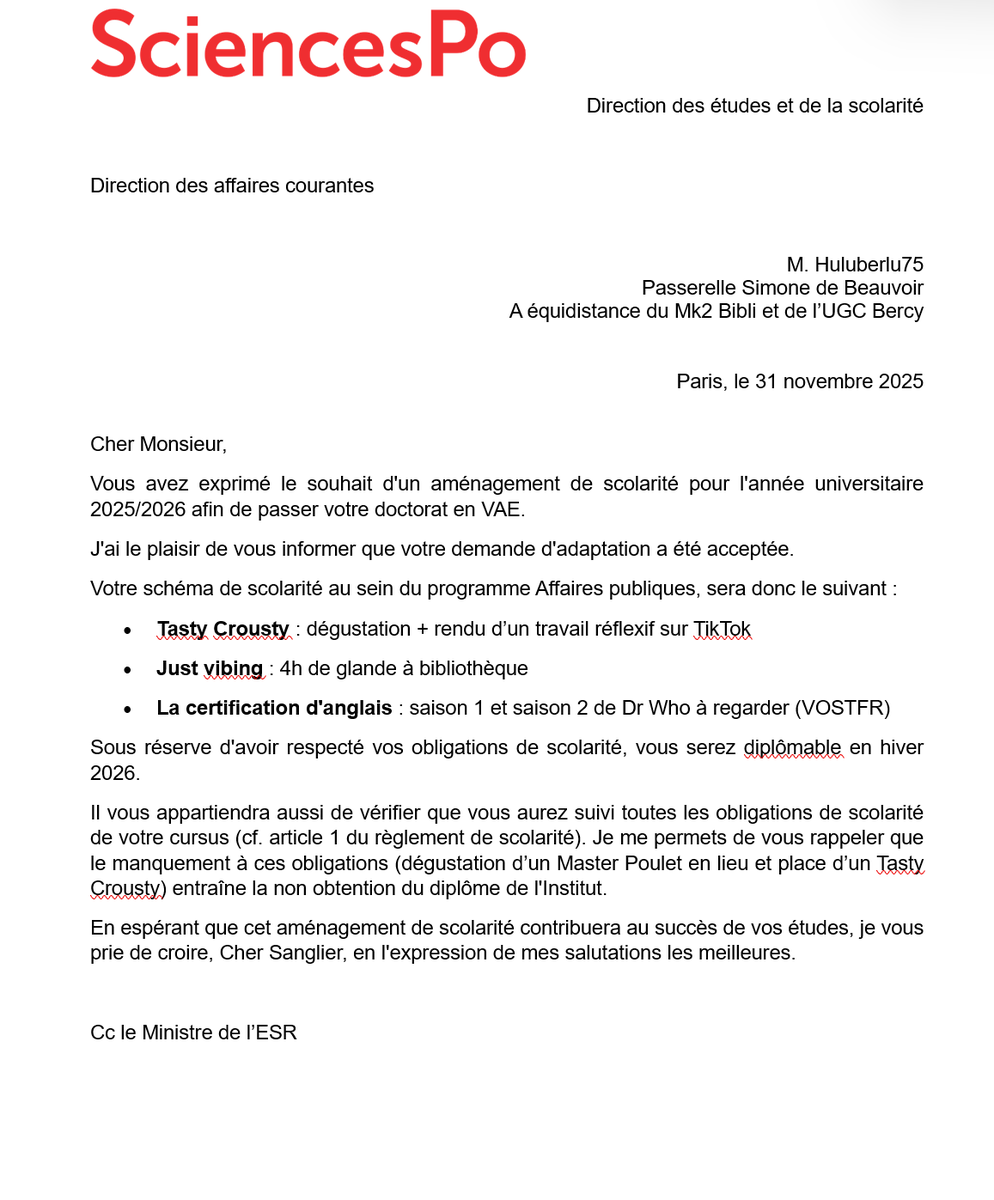 huluberlu75's tweet photo. scpo m'a accordé des droits équivalents pour l'obtention de mon doctorat en VAE

ce n'est pas un passe-droit, c'est tout simplement l'application d'un décret visant à distinguer les winner des losers 

je ne laisserai personne salir cette noble institution https://t.co/3H0s58jtM2