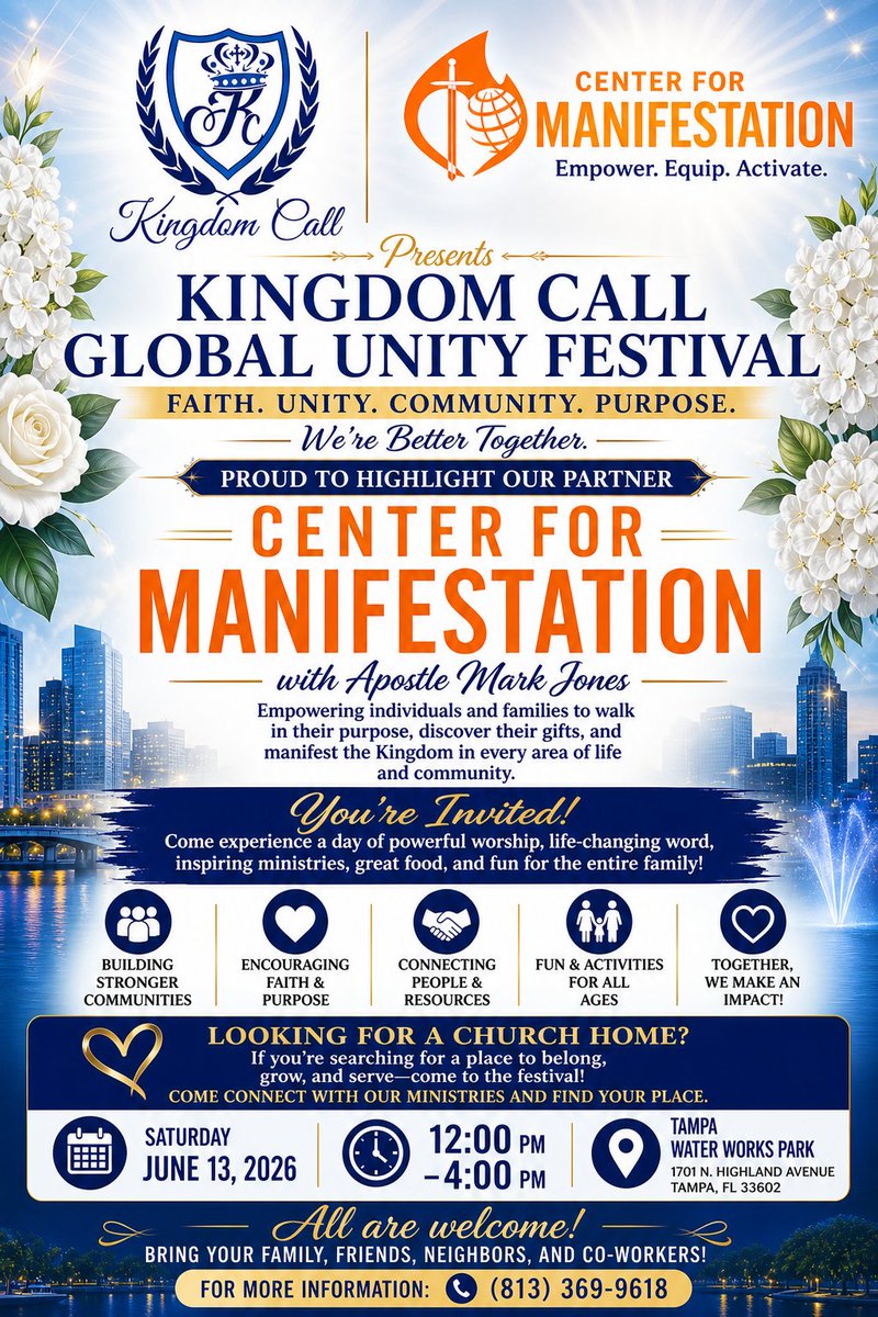 CFManifestation's tweet photo. 👑 KINGDOM TAKEOVER! Join CFM for the Kingdom Call Event! 🙌✨
🗓️ June 13 | 12 PM - 4 PM
📍 Waterworks Park, Tampa, FL
👕 Official Shirts: $22 via Cash App $manifestationsww (Include your size in the note!)
#CFM #KingdomCall #TampaOutreach #Community https://t.co/wNce33ClX2