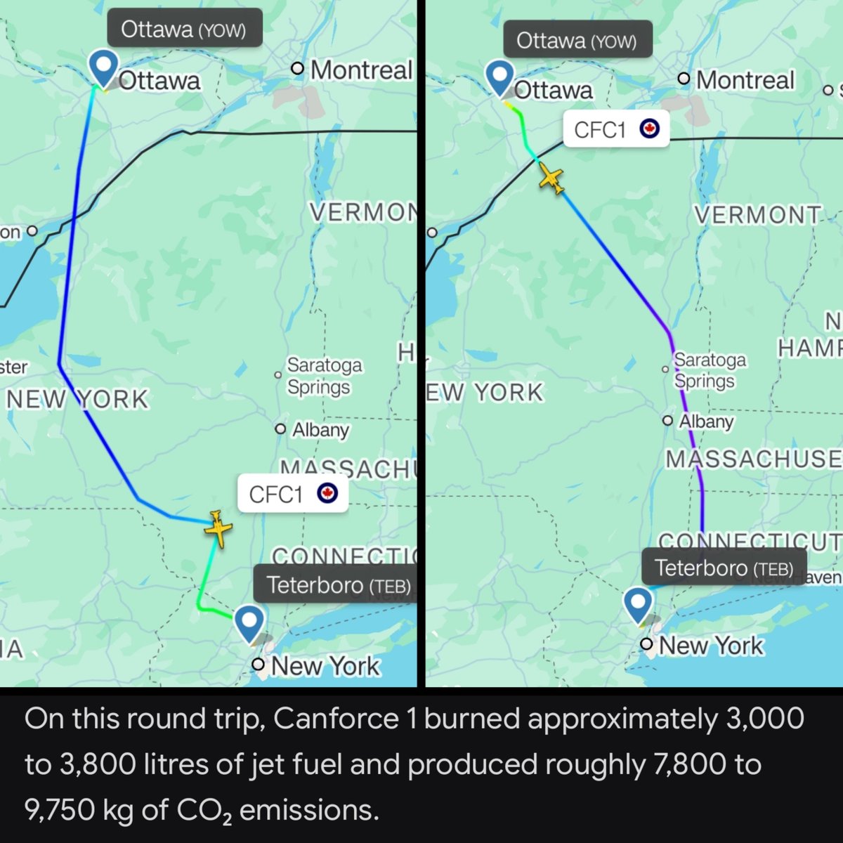CarneyEmissions's tweet photo. Mark just flew his jet to New York and back, where no agreements or deals that benefit Canadians were signed.

In fact, he told crowds he wanted to "Make America Great Again".

The fuel burn for the round trip was over 3,000L, with more than 8,000kg of carbon emissions. https://t.co/ZBcStjIIKy