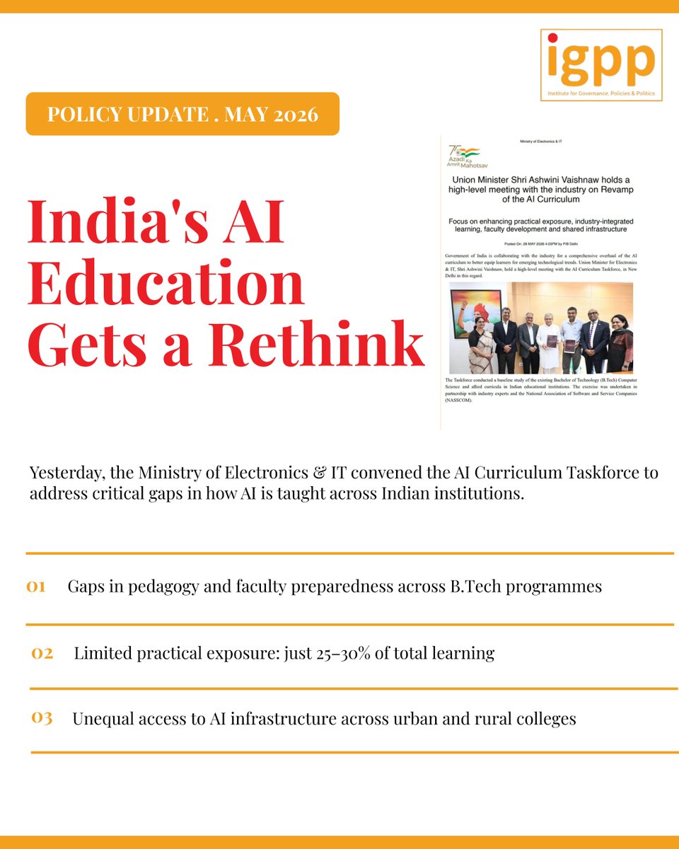 IGPPVMF's tweet photo. As India moves towards integrating AI into education, important questions are being raised about how educational institutions are preparing for this transition.

Yesterday, the Ministry of Electronics & IT released a press release highlighting key concerns such as gaps in AI pedagogy, limited practical learning, unequal access to AI infrastructure, and the need for ethical and responsible AI literacy across institutions.

These are conversations IGPP has already been engaging with through its conference, 'AI and the Education System for Viksit Bharat', which brought together policymakers, academics, industry experts, researchers, and students to discuss the future of AI in higher education.

Policy conversations are moving forward. The focus now must be on meaningful implementation.

To know more about the conference - https://t.co/E2ZJSTNB2n

@manishtiwari | @ranjana_kush | @AnkurTi76797199 | @pujasingh2k16 | @TheVikasLohchab 

#IGPP #AIEducation #PublicPolicy #HigherEducation #ArtificialIntelligence #EducationPolicy #DigitalIndia #FutureOfWork