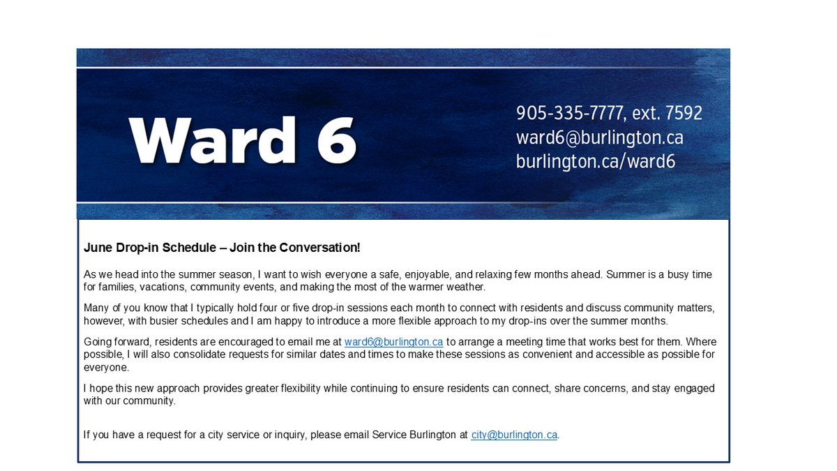 AngBentivegna's tweet photo. June drop-in dates will look a little different this month! 
To make things more flexible and convenient, residents are encouraged to email me at ward6@burlington.ca to arrange a meeting time that works best for you. Looking forward to connecting! https://t.co/9NmqnHNHa3