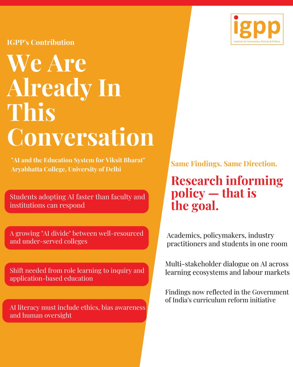 IGPPVMF's tweet photo. As India moves towards integrating AI into education, important questions are being raised about how educational institutions are preparing for this transition.

Yesterday, the Ministry of Electronics & IT released a press release highlighting key concerns such as gaps in AI pedagogy, limited practical learning, unequal access to AI infrastructure, and the need for ethical and responsible AI literacy across institutions.

These are conversations IGPP has already been engaging with through its conference, 'AI and the Education System for Viksit Bharat', which brought together policymakers, academics, industry experts, researchers, and students to discuss the future of AI in higher education.

Policy conversations are moving forward. The focus now must be on meaningful implementation.

To know more about the conference - https://t.co/E2ZJSTNB2n

@manishtiwari | @ranjana_kush | @AnkurTi76797199 | @pujasingh2k16 | @TheVikasLohchab 

#IGPP #AIEducation #PublicPolicy #HigherEducation #ArtificialIntelligence #EducationPolicy #DigitalIndia #FutureOfWork