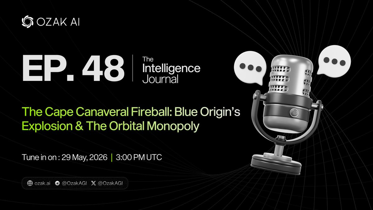 OzakAGI's tweet photo. 🚨 Episode 48 of The Intelligence Journal is here.

The Cape Canaveral Fireball: Blue Origin’s Explosion & The Orbital Monopoly 🚀💥

Last night, Blue Origin’s 320-foot New Glenn rocket exploded in a massive fireball during a hot-fire test, devastating Launch Complex 36. 

As Jeff Bezos scrambles to rebuild, Elon Musk just became the undisputed landlord of low-Earth orbit.

- The LC-36 Disaster: What went wrong with the BE-4 engines and the fallout for NASA’s Artemis program.
- The Amazon Leo Delay: Why Starlink just secured a multi-year monopoly on orbital internet.
- The Single Point of Failure: Why Web3 builders must account for physical hardware destruction.

🗓️ Date: May 29, 2026
⏰ Time: 3:00 PM UTC
📍 Set your reminder: https://t.co/PVGNBxQf8d
