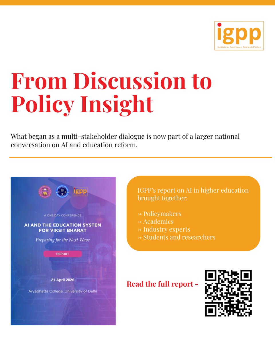 IGPPVMF's tweet photo. As India moves towards integrating AI into education, important questions are being raised about how educational institutions are preparing for this transition.

Yesterday, the Ministry of Electronics & IT released a press release highlighting key concerns such as gaps in AI pedagogy, limited practical learning, unequal access to AI infrastructure, and the need for ethical and responsible AI literacy across institutions.

These are conversations IGPP has already been engaging with through its conference, 'AI and the Education System for Viksit Bharat', which brought together policymakers, academics, industry experts, researchers, and students to discuss the future of AI in higher education.

Policy conversations are moving forward. The focus now must be on meaningful implementation.

To know more about the conference - https://t.co/E2ZJSTNB2n

@manishtiwari | @ranjana_kush | @AnkurTi76797199 | @pujasingh2k16 | @TheVikasLohchab 

#IGPP #AIEducation #PublicPolicy #HigherEducation #ArtificialIntelligence #EducationPolicy #DigitalIndia #FutureOfWork