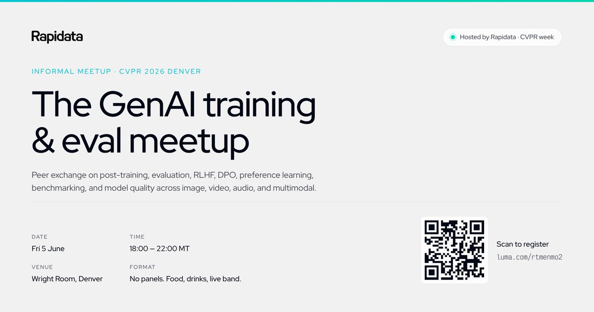 Faymhamdi's tweet photo. Join @RapidataAI at #CVPR2026 (Booth 818) we are also hosting a meetup on GenAI post-training & evaluation.   

After reading lots of papers and talking to teams across labs, the same hard questions keep surfacing:  
• Reward models remain imperfect proxies 
• DPO/RLHF boosts quality but often hurts diversity
 • Automatic video quality metrics still lag badly 
• Benchmarks are saturating, eval protocols differ across labs, and good human preference data is painfully expensive  

So we're hosting a meetup, next to @CVPR , for researchers and engineers to compare notes on training methodologies, evaluation design, current limitations, and where this is all heading.
 
Join the meetup: https://t.co/a3WLXqc0lx