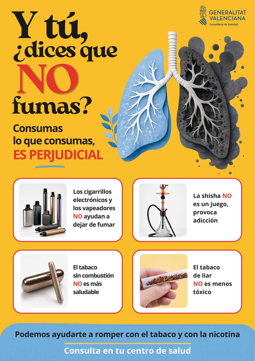 GVAsanitat's tweet photo. 🚭 El tabaquismo sigue siendo una de las principales causas evitables de enfermedad

🫁 El único consumo aceptable es CERO, fumes lo que fumes es perjudicial

🌱 Si quieres dejar de fumar, consulta en tu centro de salud, podemos ayudarte🤝

#DíaMundialSinTabaco https://t.co/9Wh5kCQaIO
