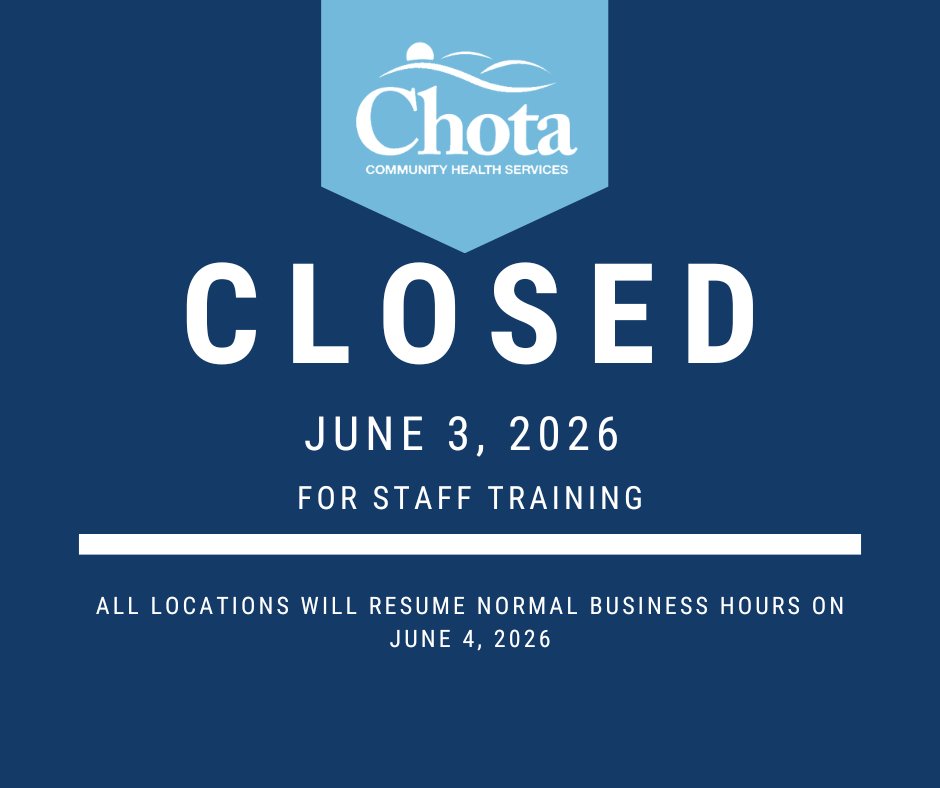 ChotaHealth's tweet photo. CCHS will be closed Wednesday, June 3 for staff training. 
We will resume normal business hours at all locations on Thursday, June 4. https://t.co/SBd0PKvMZi