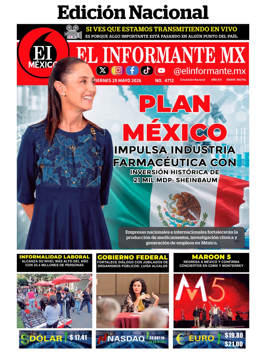 ElInformanteMX's tweet photo. #Portadas de nuestras #Ediciones #Nacional y #EstadoDeMéxico. Viernes 29 de Mayo del 2026.
Nuestra #EdiciónDigital aquí ↓
https://t.co/TmRG5T9M8M https://t.co/llyM6knar8