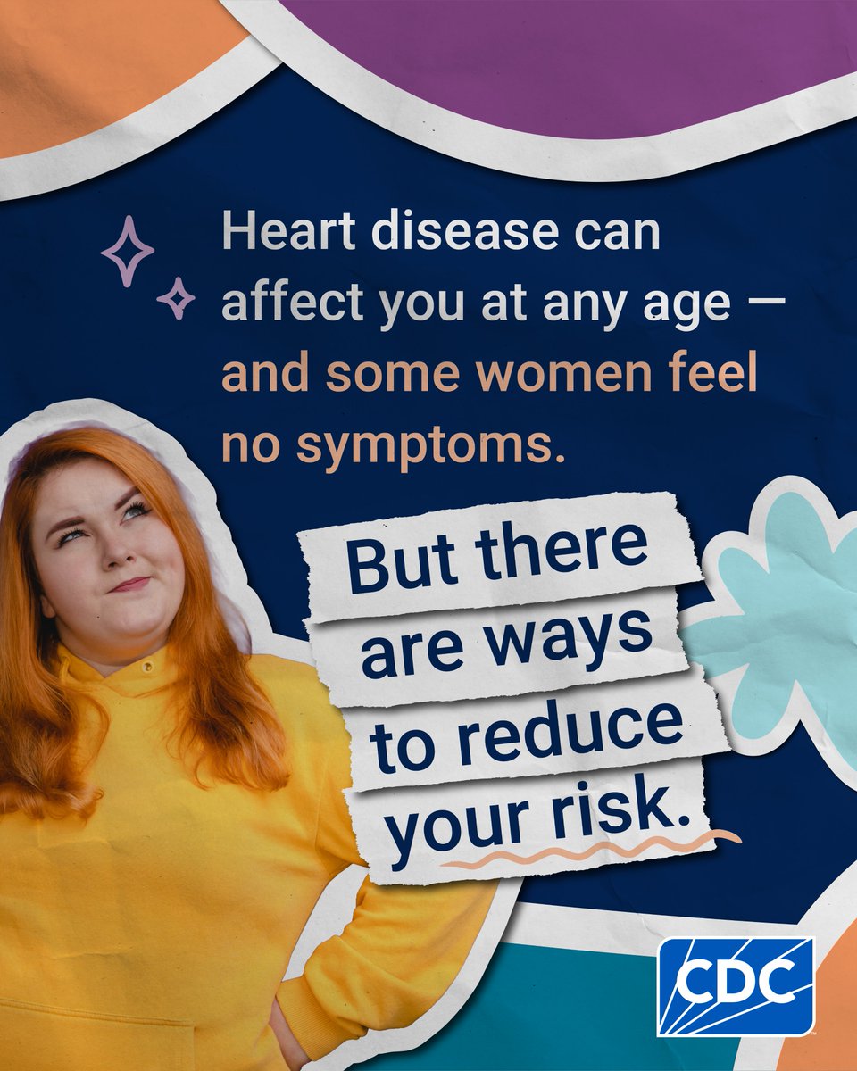 CDCgov's tweet photo. Heart disease is the #1 cause of death for women in the U.S. 
Take control of your health by lowering your risk of heart disease:
Know your blood pressure—high blood pressure is a major risk factor for heart disease. Measure it at home, the pharmacy, or the doctor’s office.
If you smoke, make a plan to quit.
Move more — even short "doses" of activity are good for your heart.
Make healthy food choices.
Manage your stress levels as much as possible.
Limit your alcohol. If you're pregnant, don't drink any alcohol.
Ask your doctor if you should be tested for diabetes. Uncontrolled diabetes raises your risk of heart disease.
Ask your doctor about checking your cholesterol and triglycerides. 🔗 https://t.co/yAB6PnyGe4
#WomensHealth #HeartDisease #KnowYourNumbers #WomensHeartHealth #BloodPressure #CDCWomensHealth