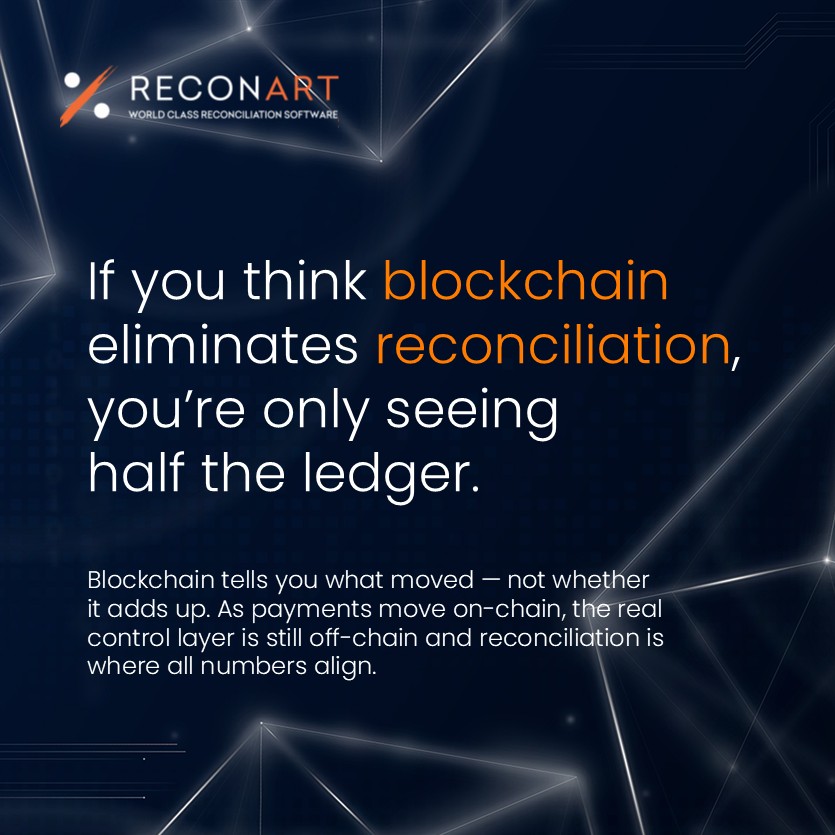 reconart's tweet photo. A persistent misconception in payments is that blockchain transparency removes the need for reconciliation. Blockchain data answers “what moved.” Reconciliation answers “does this tie to what we owe, safeguard, and report?” https://t.co/xdrw48apYs